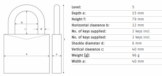 ABUS 64TI/40HB40 Padlock - Dimensions