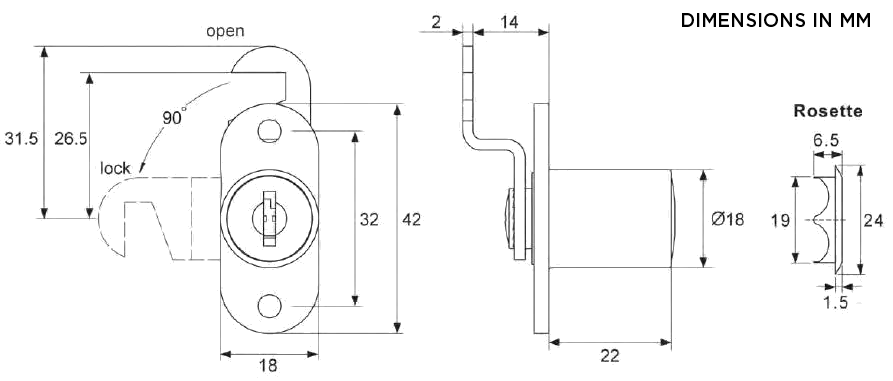 A-ZUM LW0133 Cam Lock - Dimensions