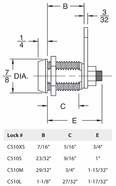 BDB510XS-KA-A0001 - 7/16" DIE CAST TUBULAR CAM LOCK - KEYED ALIKE - CCL more images