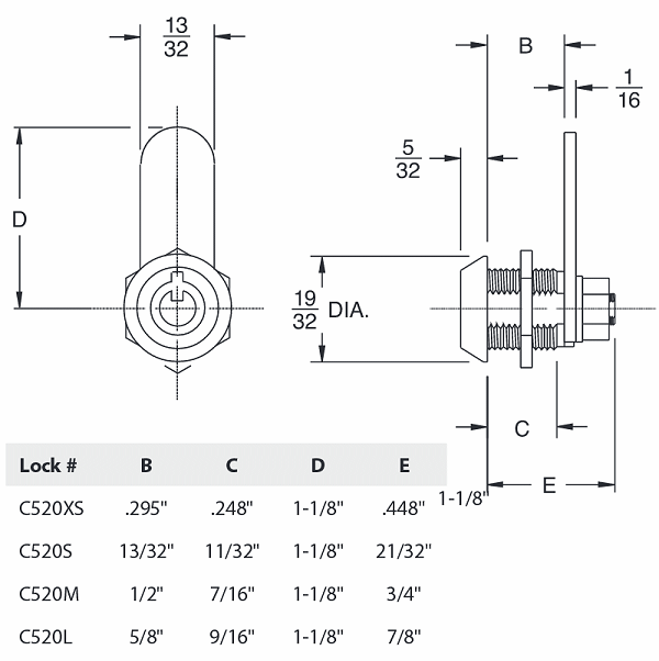 CCL C-520 Cam Locks - Dimensions