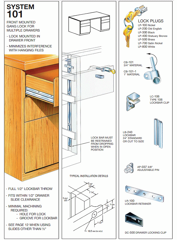 CB-101 - FRONT MOUNTED GANG DRAWER LOCK - EMPTY CYLINDER LOCK HOUSING - COMPX TIMBERLINE more images